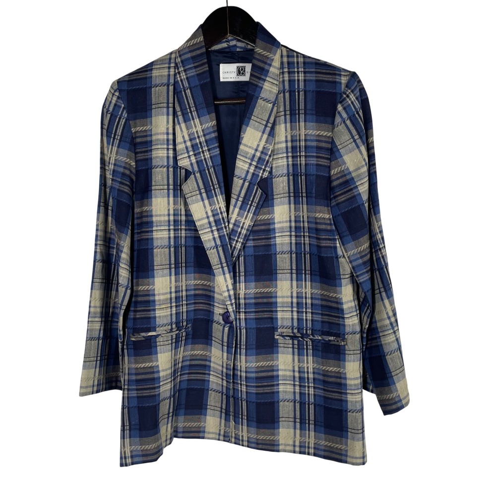 Vintage Christy Girl Petite Blazer Plaid Linen Blend Blue Beige‎ Single Button 4